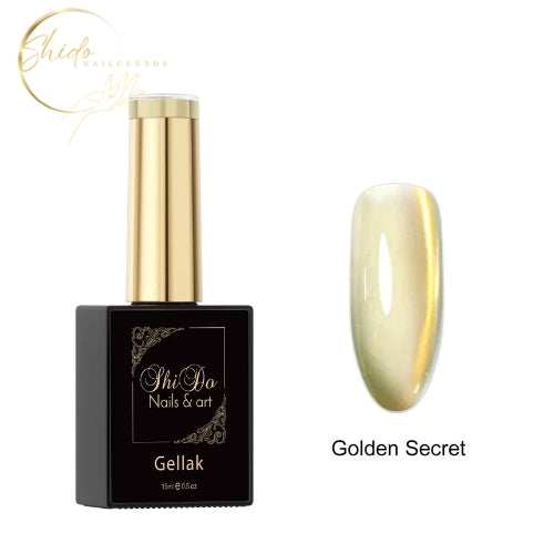 Transparante gouden cateye gellak – ShidoNails® – glanzend lichtspel over blushy of donkere kleuren