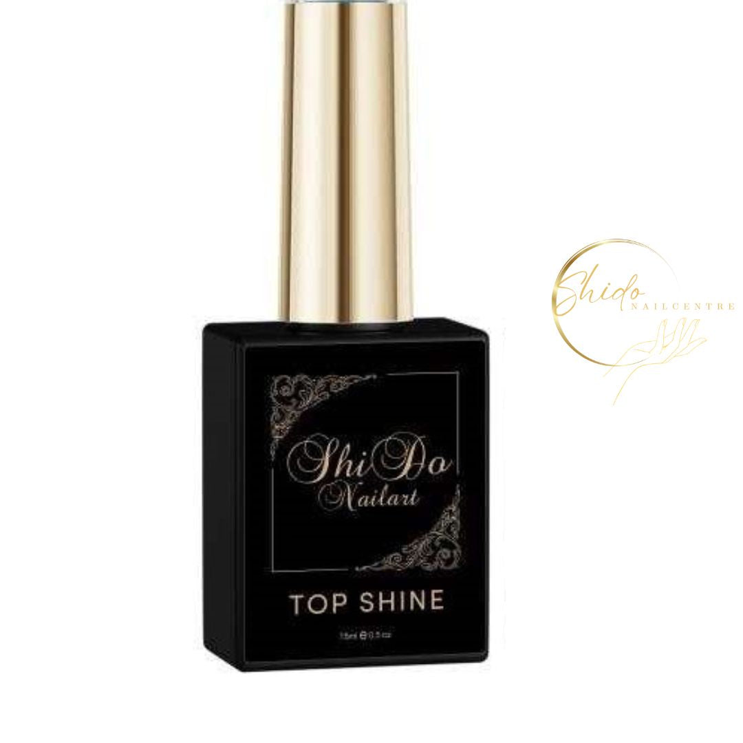 No-wipe Top Shine van ShidoNails – krasvaste topcoat zonder plaklaag met extreme glans.
